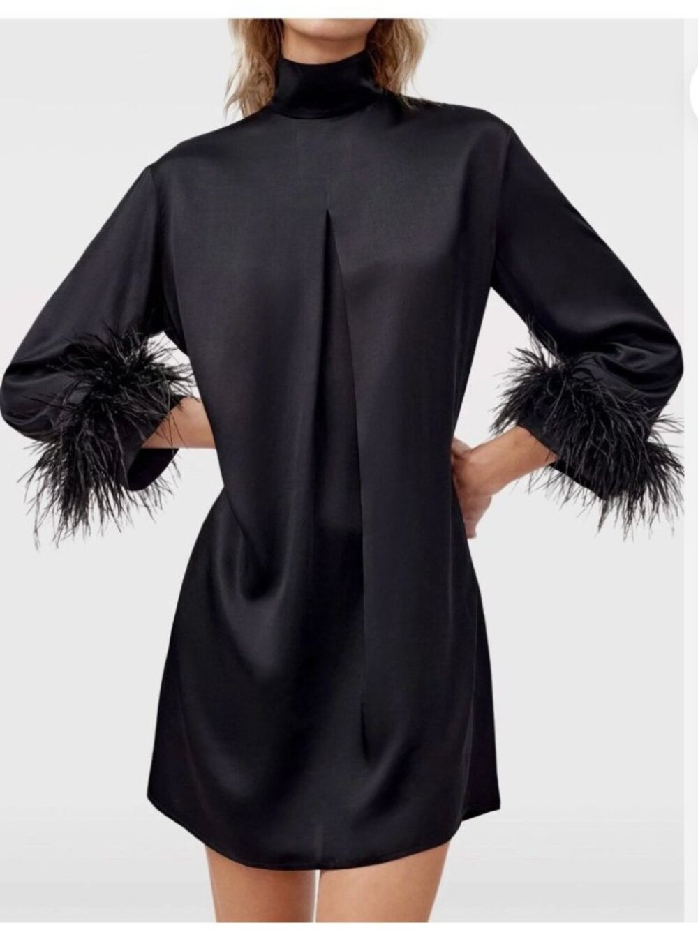 SLEEPER Black Party Long-Sleeve Feather Trim Mini Shirt Dress NWT - Size S